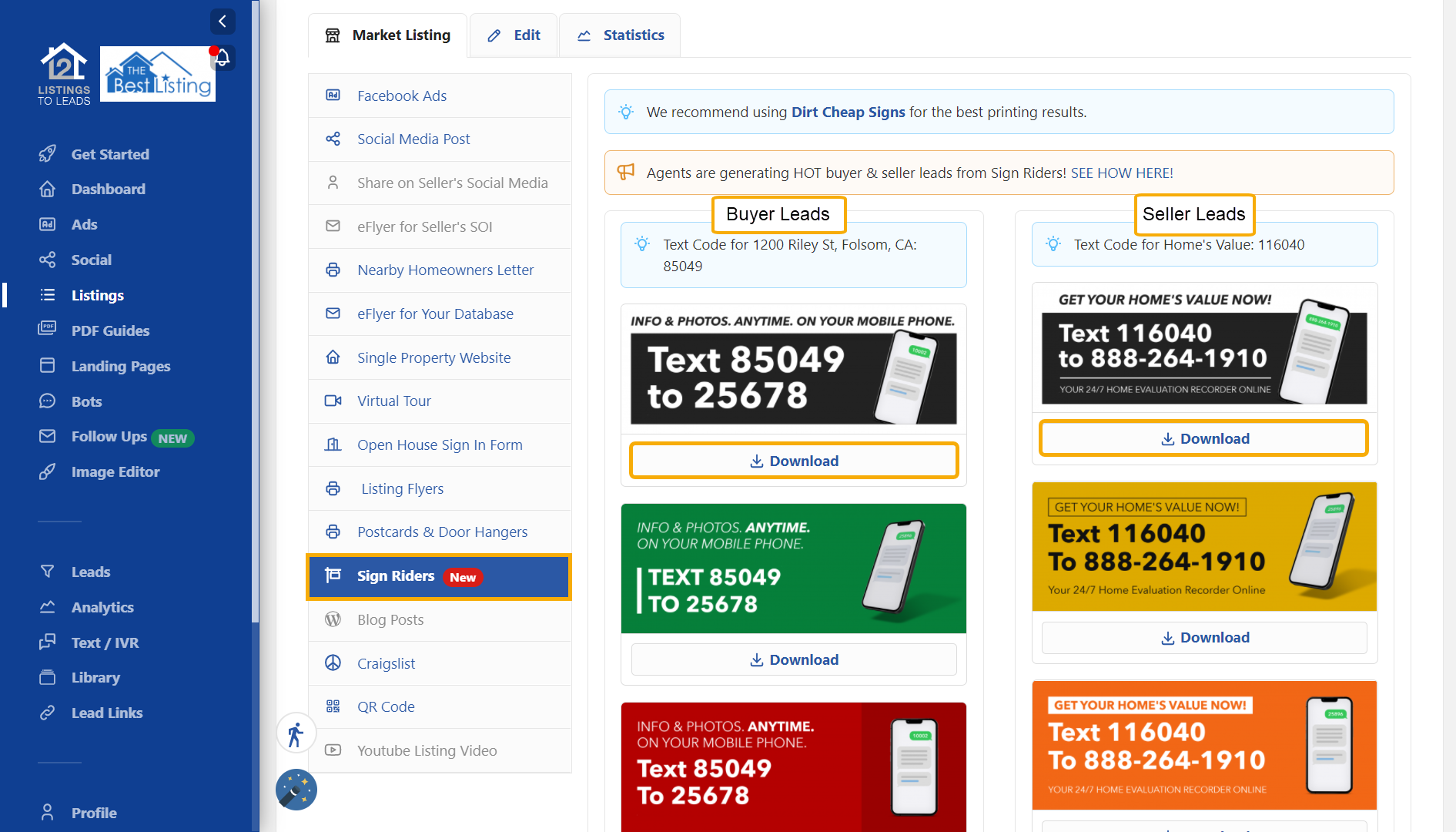 Sign Riders ListingstoLeads